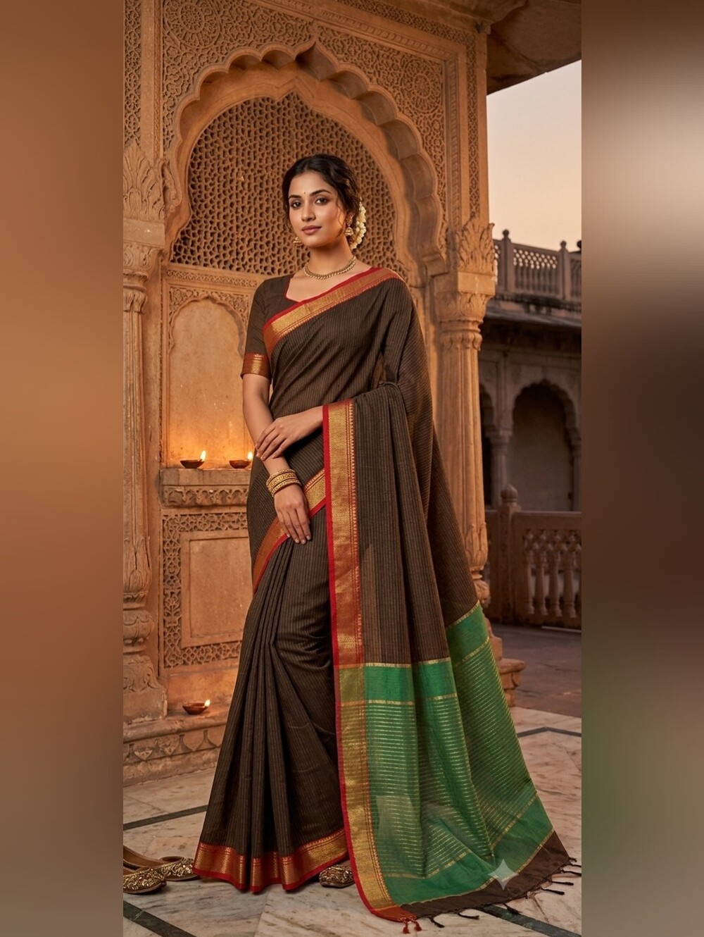 Elegant Brown and Green Pure Cotton Saree with Red Zaree Border